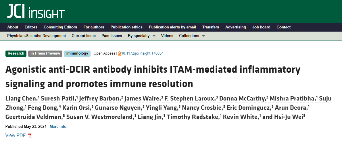 Agonistic anti-DCIR antibody inhibits ITAM-mediated inflammatory signaling and promotes immune resolution Agonistic anti-DCIR antibody inhibits ITAM-mediated inflammatory signaling and promotes immune resolution